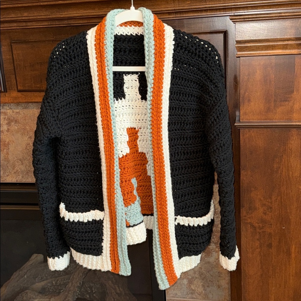 Handknit crochet open cardigan sweater mountain flame boho western Aztec est M/L